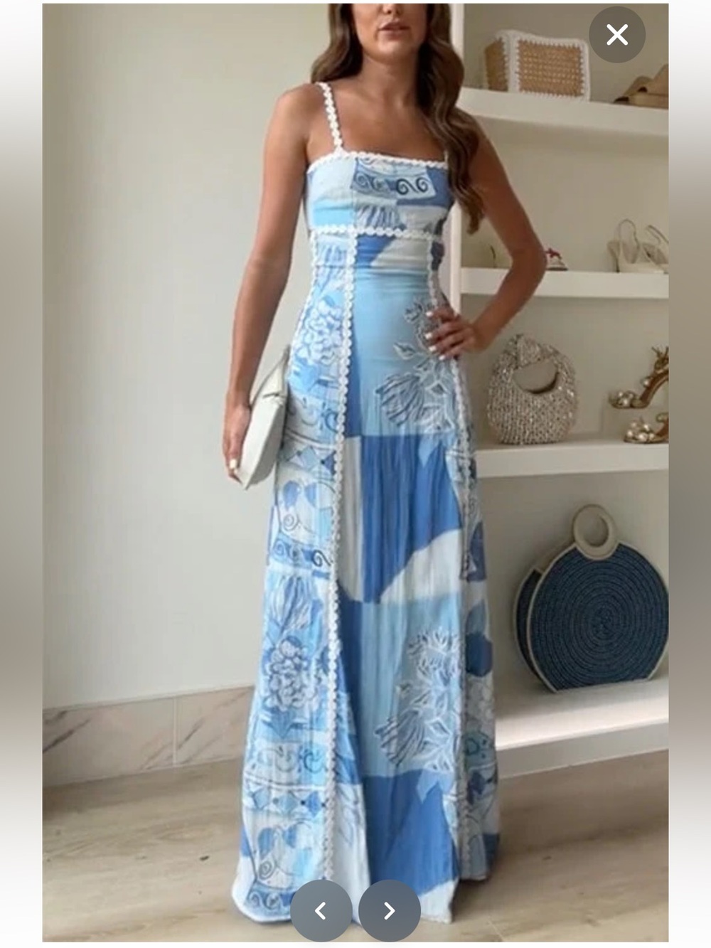 The Vintage Shop Blue & White Patchwork Maxi Dress with Lace Trim